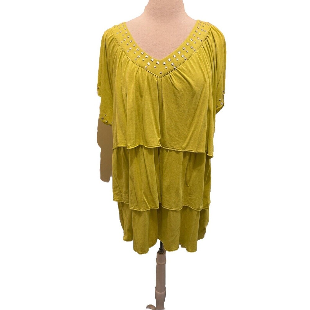 Glitterscape Yellow Green Short Sleeve Top With Silver Studs 2X